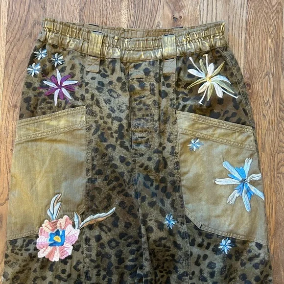 Free People Olive Brown Embroidered Leopard Cargo Joggers - Picture 4 of 6